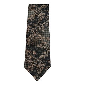 Vintage Stuart Ashley Mens Silk Tie Black Brown Gold Paisley Italian Fabric